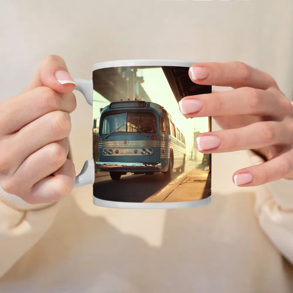 Vintage Blue Bus Urban Street Hazy Morning – Mugs