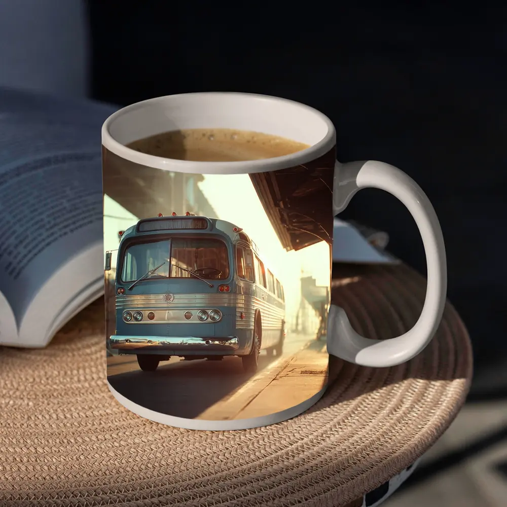 Vintage Blue Bus Urban Street Hazy Morning – Mugs