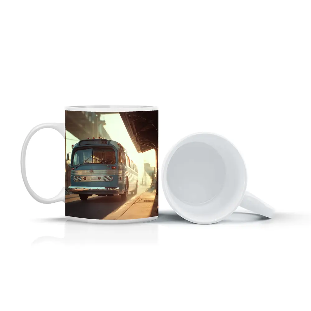 Vintage Blue Bus Urban Street Hazy Morning – Mugs