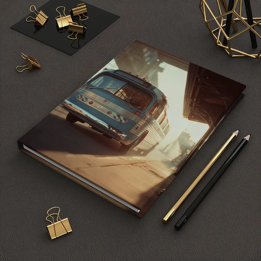 Vintage Blue Bus Urban Street Hazy Morning – Notebooks