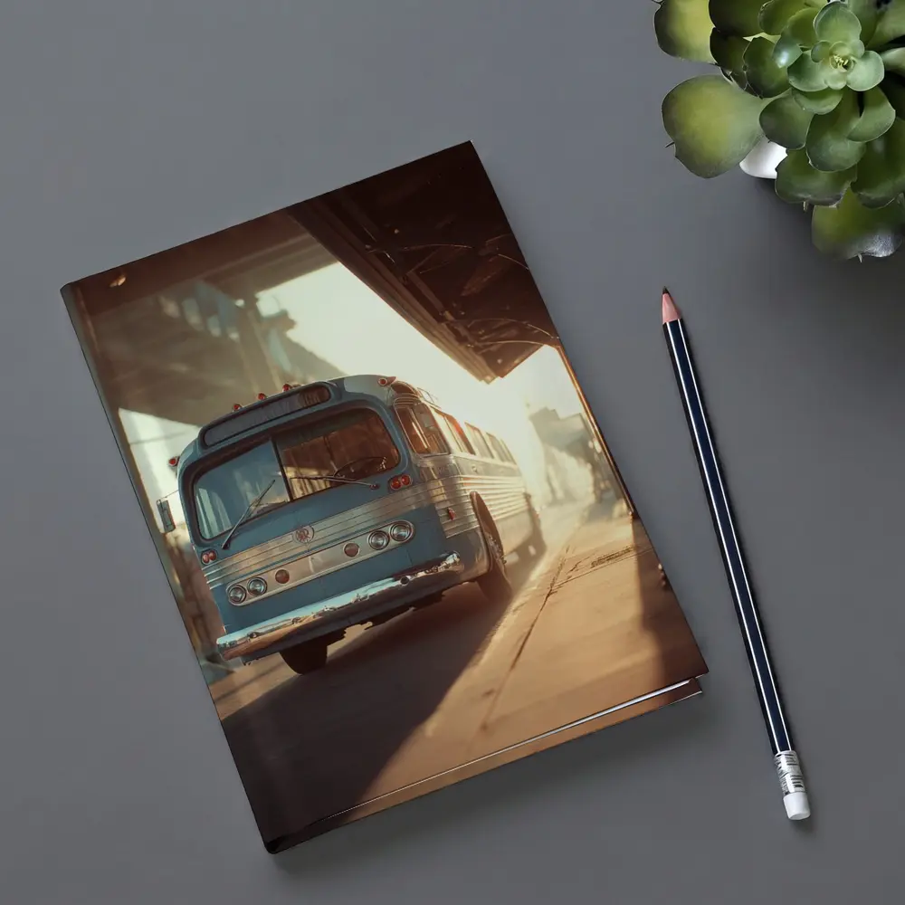Vintage Blue Bus Urban Street Hazy Morning – Notebooks