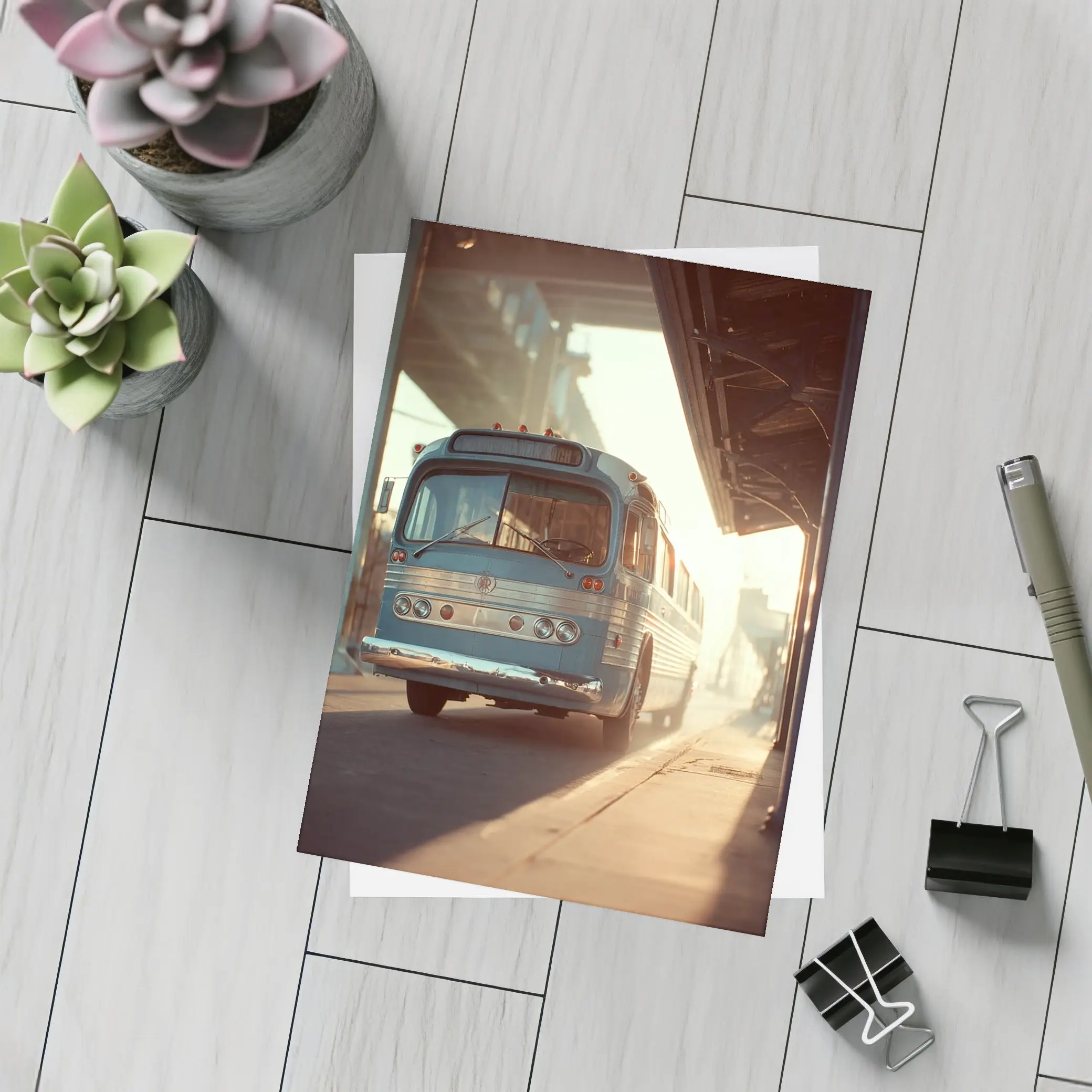 Vintage Blue Bus Urban Street Hazy Morning – Postcards