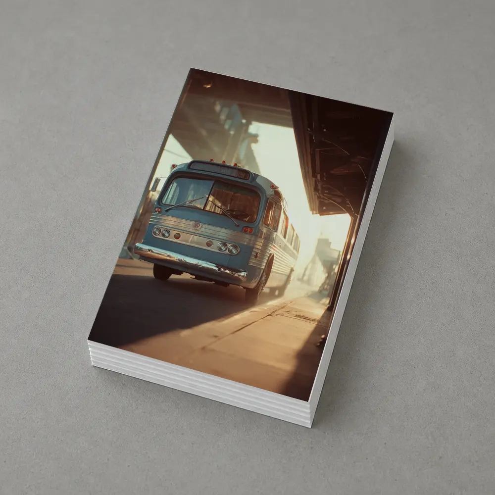 Vintage Blue Bus Urban Street Hazy Morning – Postcards