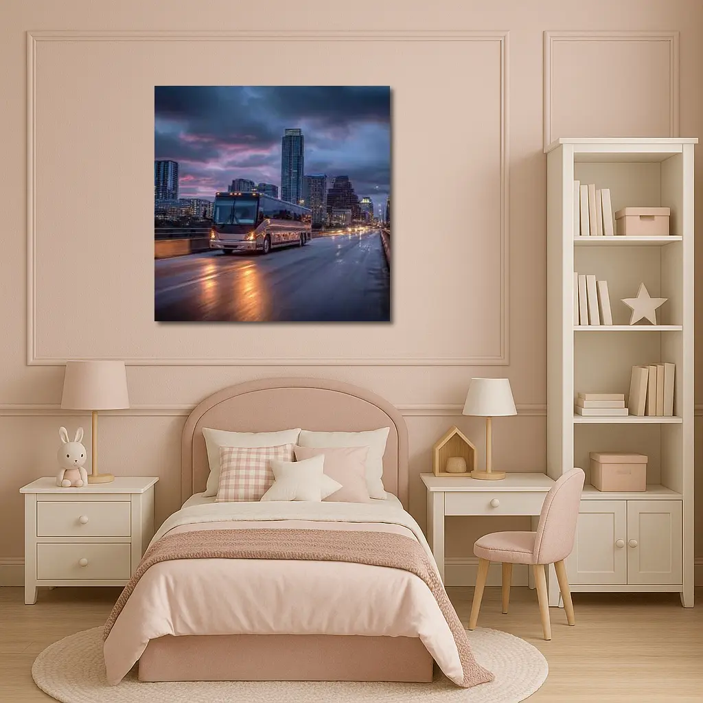 Coach Bus Crossing City Bridge At Dusk – Wall Art