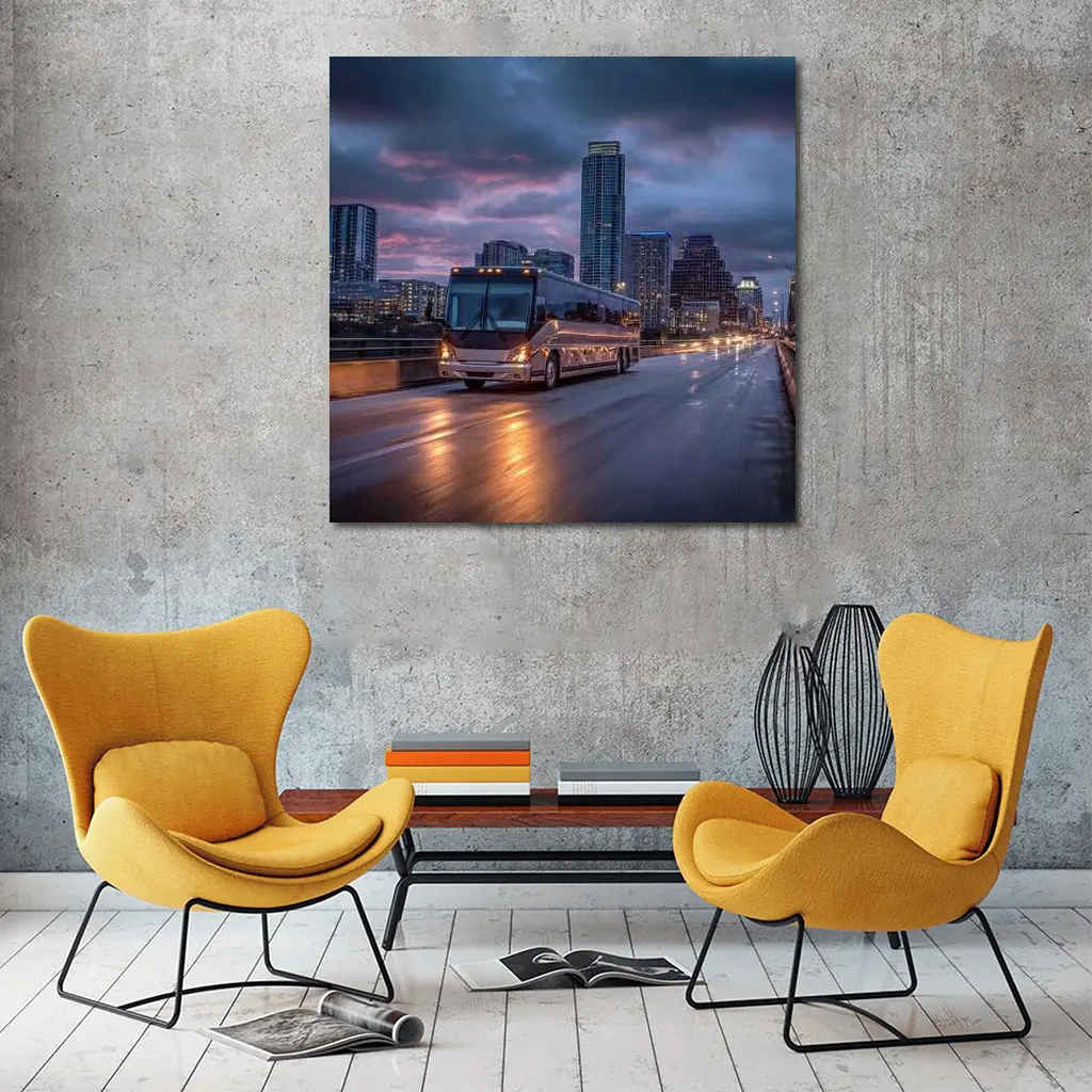 Coach Bus Crossing City Bridge At Dusk – Wall Art