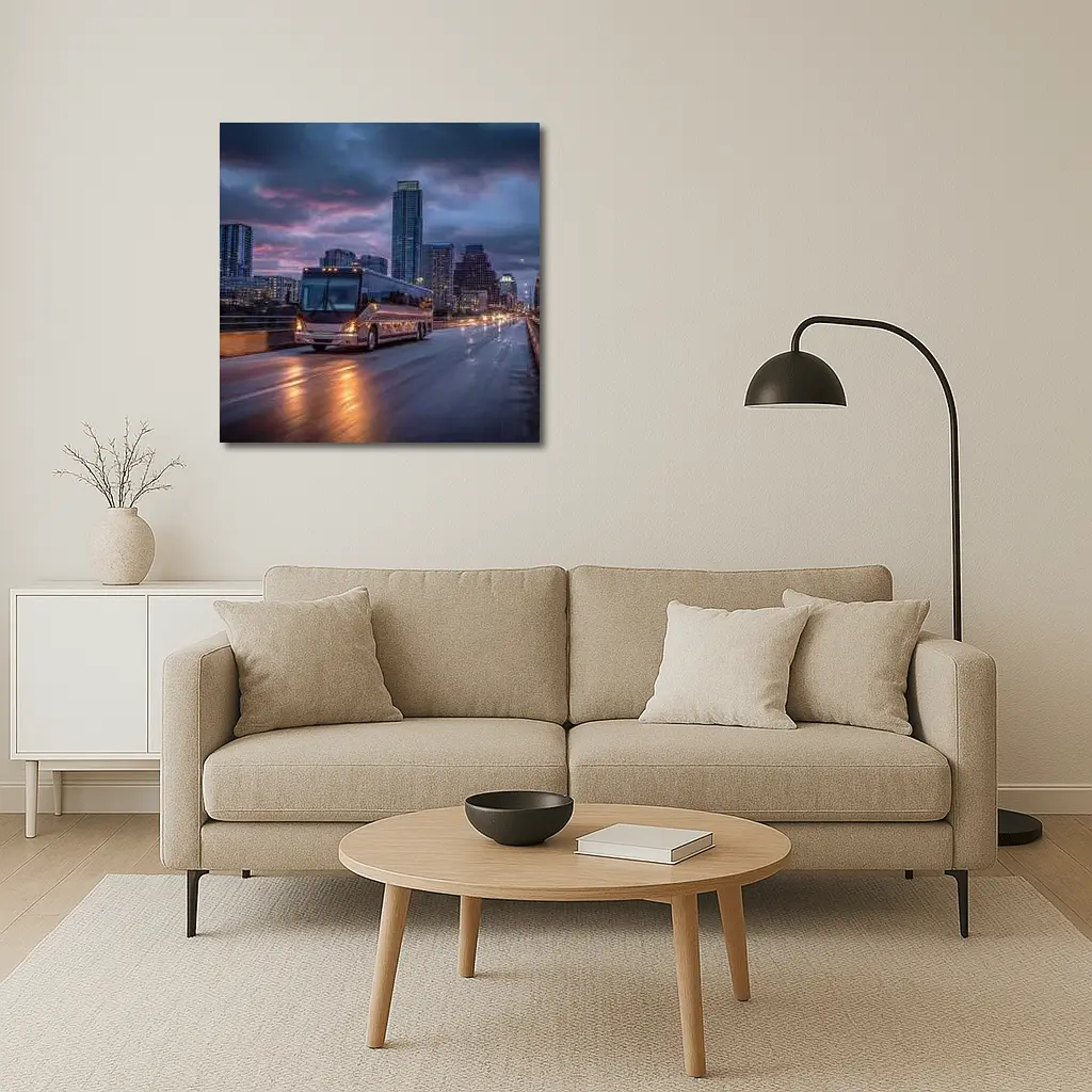 Coach Bus Crossing City Bridge At Dusk – Wall Art