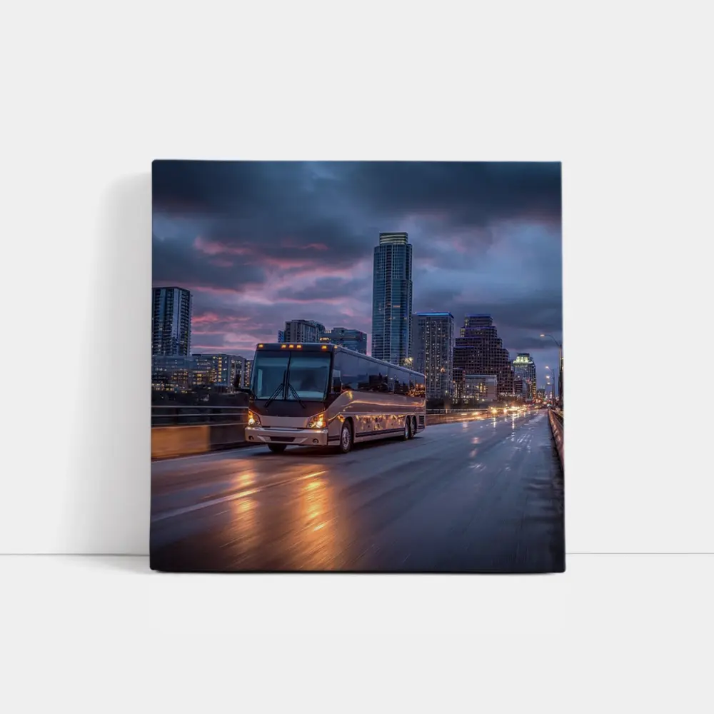 Coach Bus Crossing City Bridge At Dusk – Wall Art