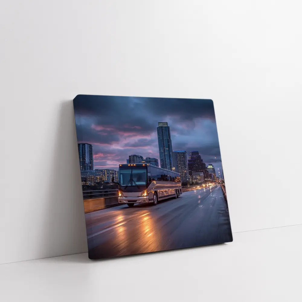Coach Bus Crossing City Bridge At Dusk – Wall Art