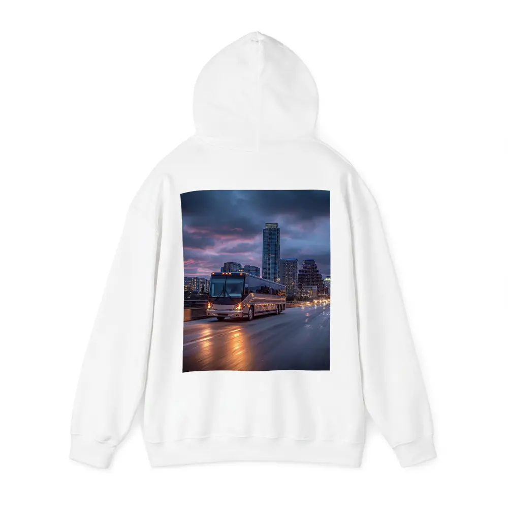 Coach Bus Crossing City Bridge At Dusk – Hoodies