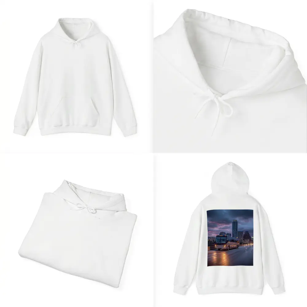 Coach Bus Crossing City Bridge At Dusk – Hoodies