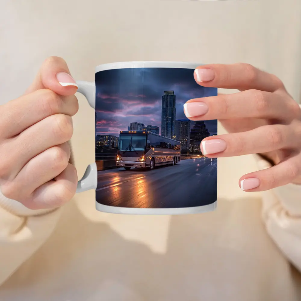 Coach Bus Crossing City Bridge At Dusk – Mugs