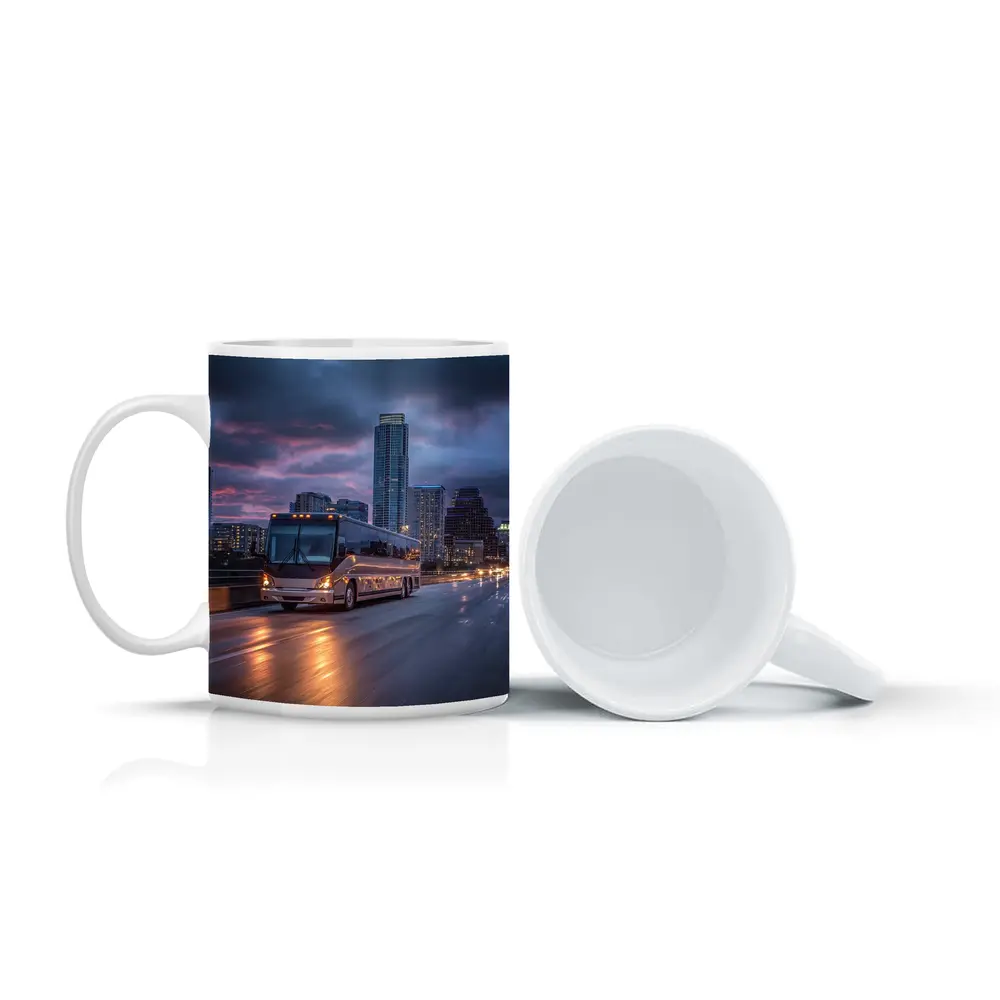 Coach Bus Crossing City Bridge At Dusk – Mugs
