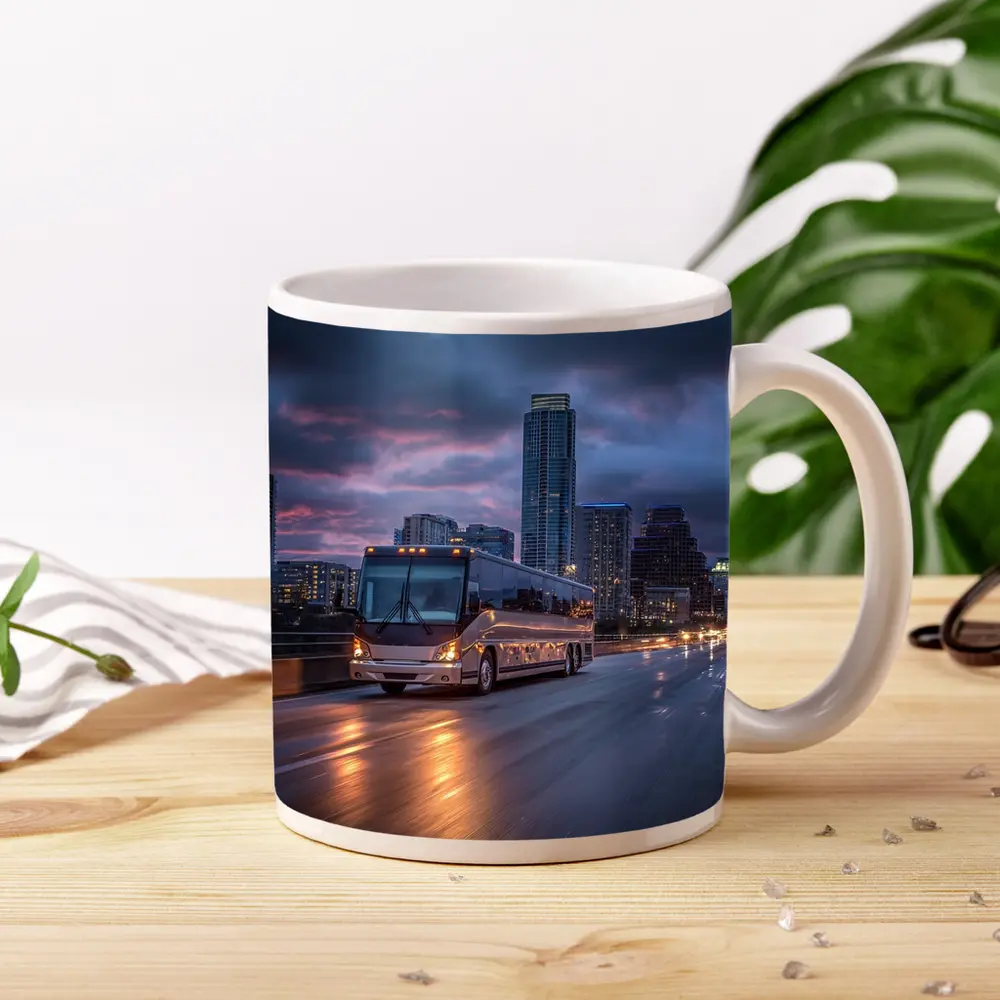 Coach Bus Crossing City Bridge At Dusk – Mugs
