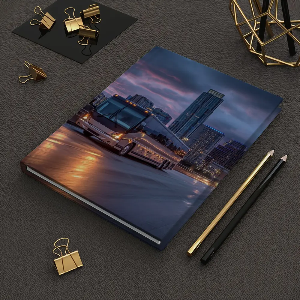 Coach Bus Crossing City Bridge At Dusk – Notebooks