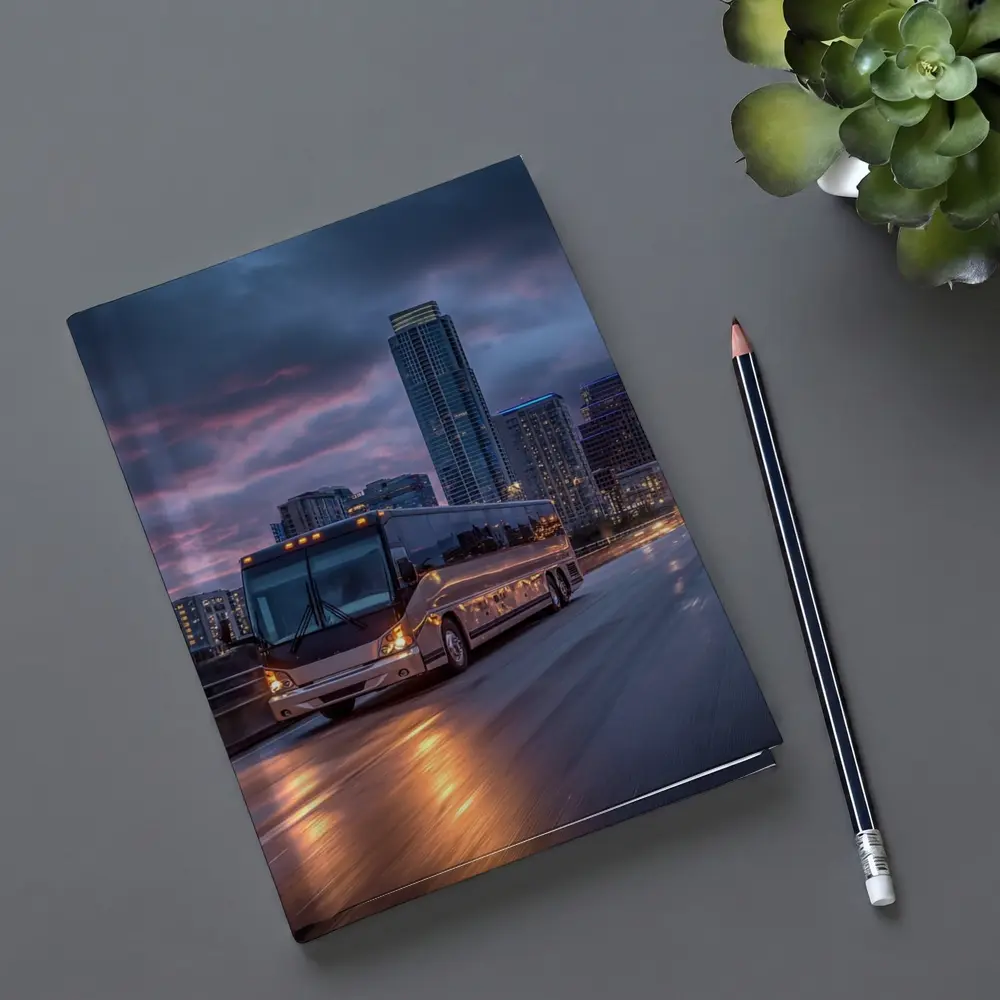 Coach Bus Crossing City Bridge At Dusk – Notebooks