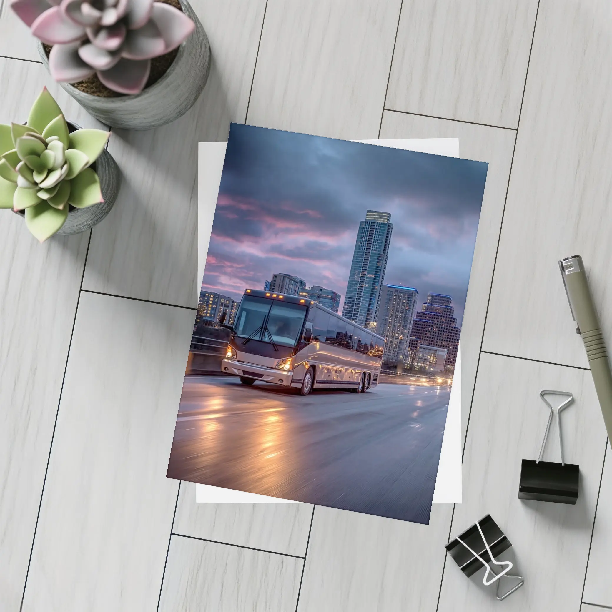 Coach Bus Crossing City Bridge At Dusk – Postcards