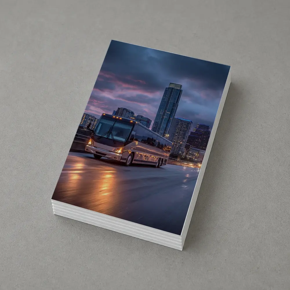 Coach Bus Crossing City Bridge At Dusk – Postcards