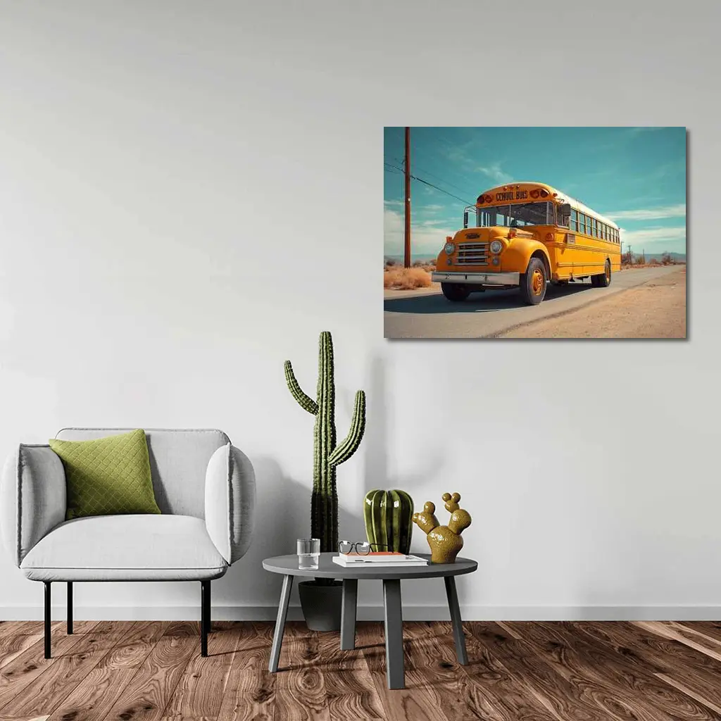 Vintage Yellow School Bus Desert Road – Wall Art