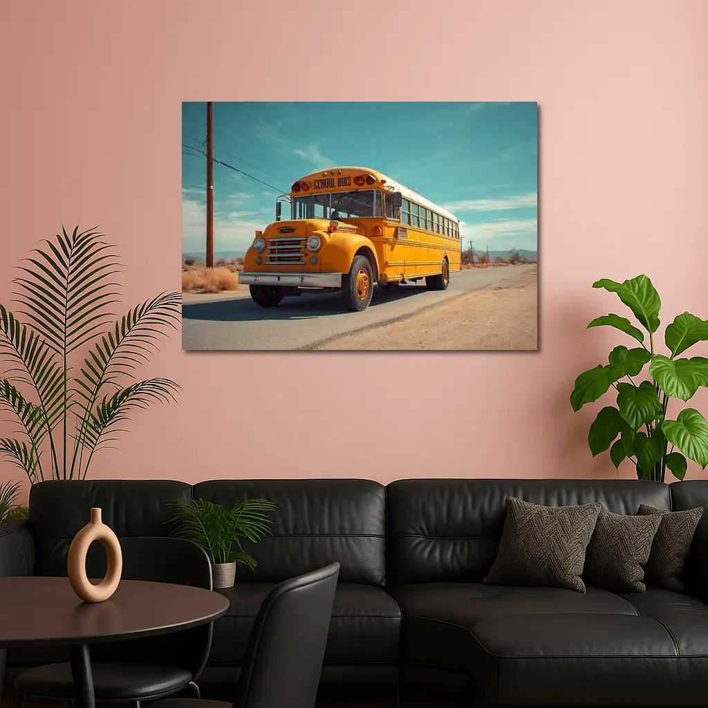 Vintage Yellow School Bus Desert Road – Wall Art