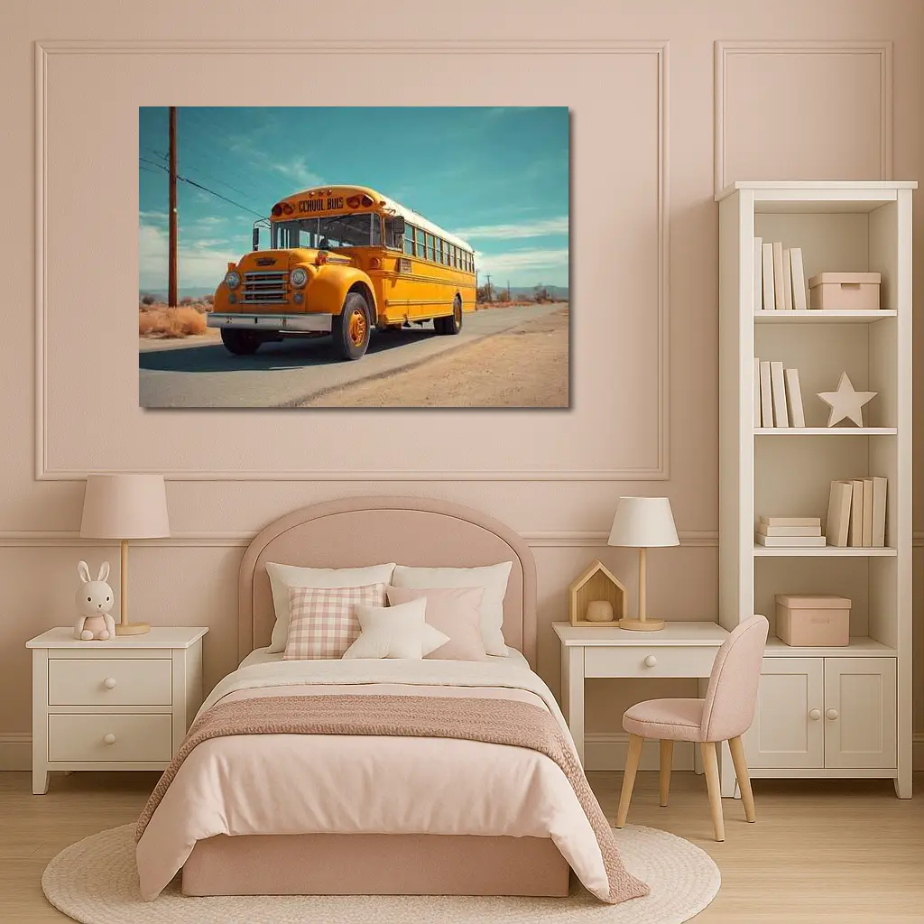 Vintage Yellow School Bus Desert Road – Wall Art