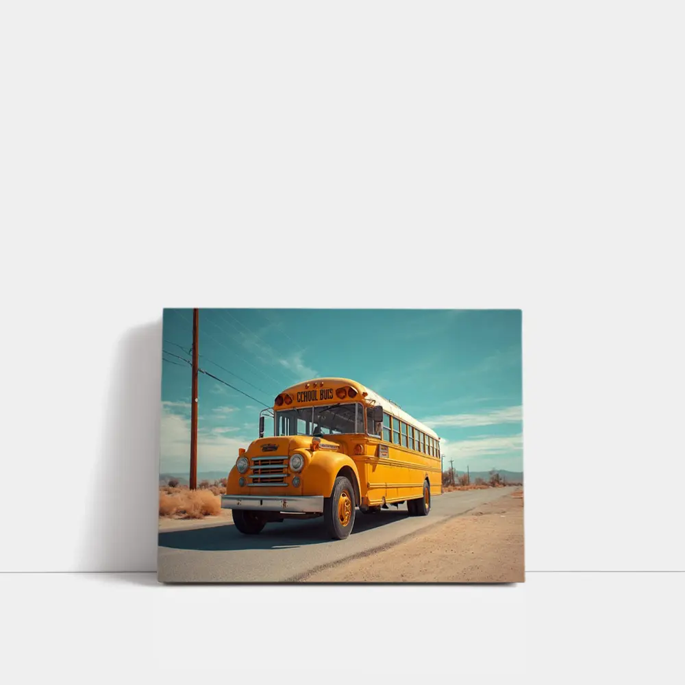 Vintage Yellow School Bus Desert Road – Wall Art
