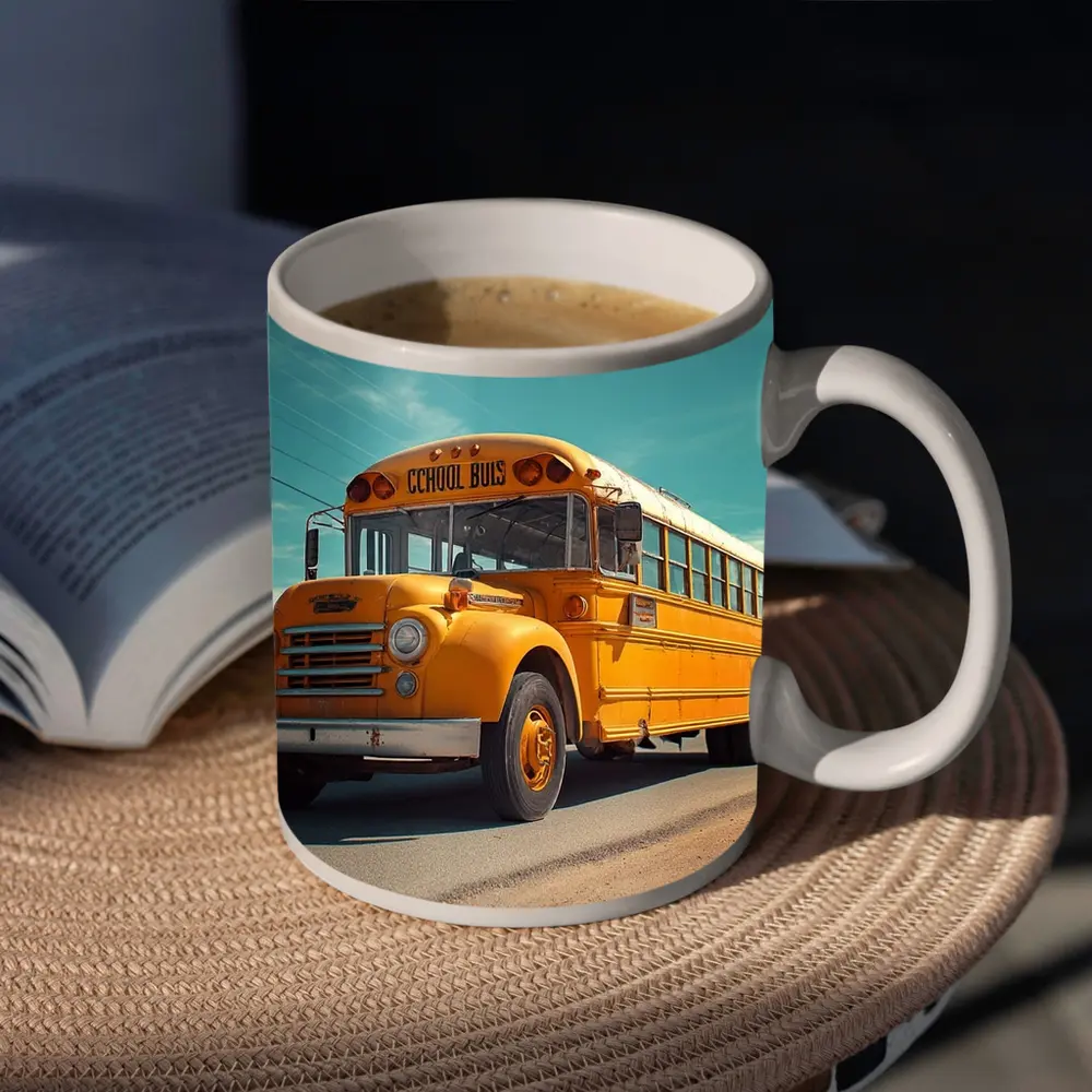 Vintage Yellow School Bus Desert Road – Mugs