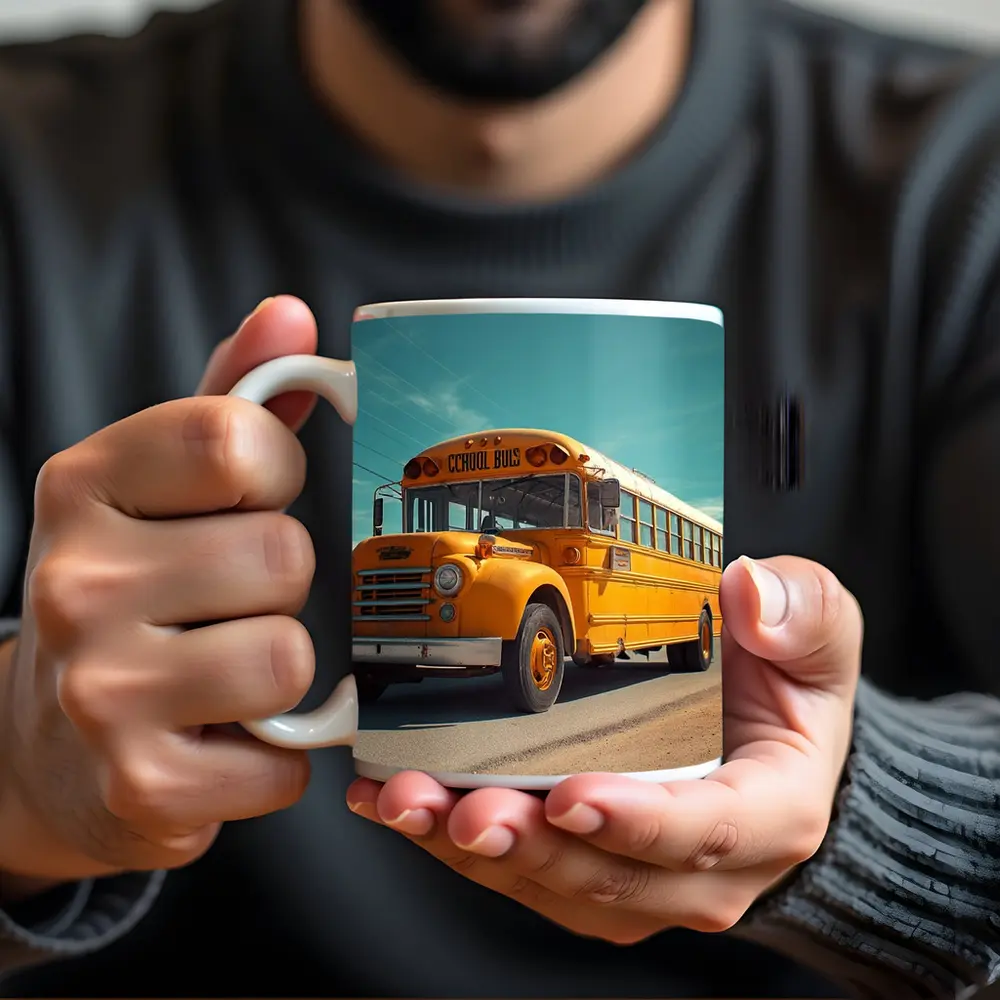 Vintage Yellow School Bus Desert Road – Mugs