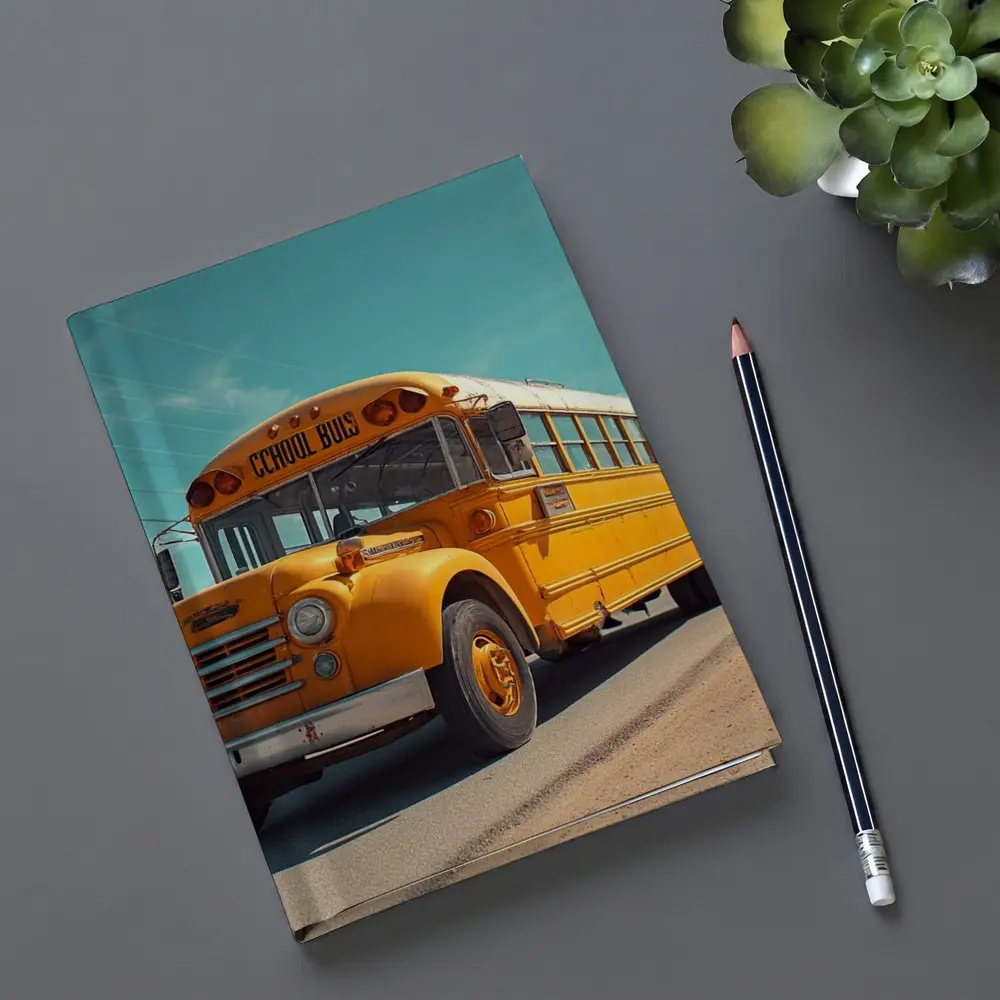 Vintage Yellow School Bus Desert Road – Notebooks