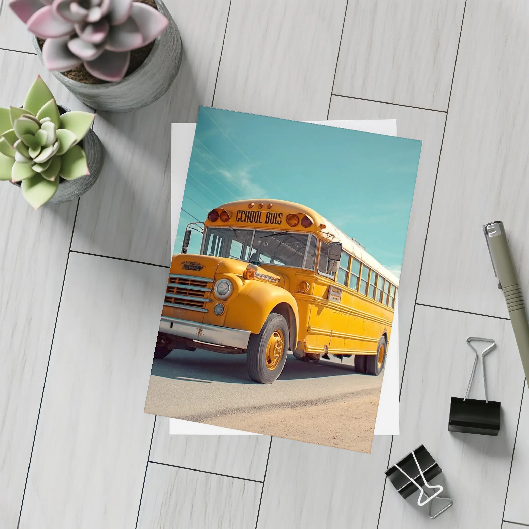 Vintage Yellow School Bus Desert Road – Postcards