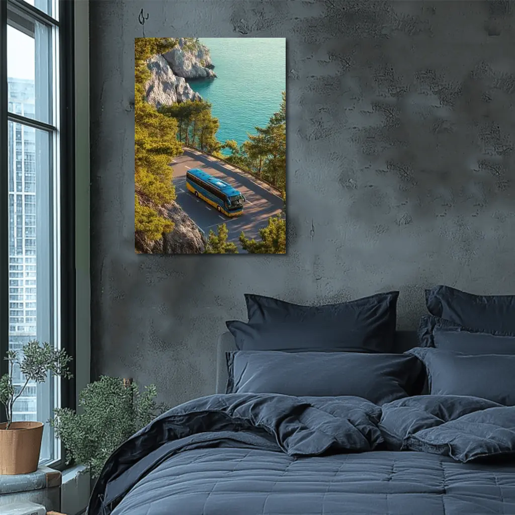 Blue Yellow Bus Coastal Road Turquoise Sea – Wall Art