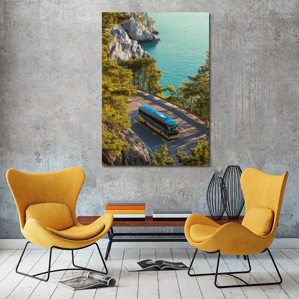 Blue Yellow Bus Coastal Road Turquoise Sea – Wall Art