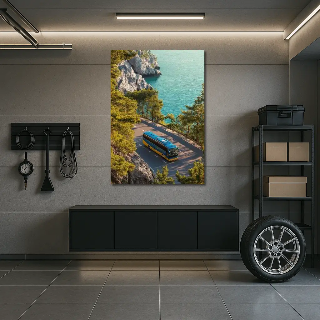 Blue Yellow Bus Coastal Road Turquoise Sea – Wall Art