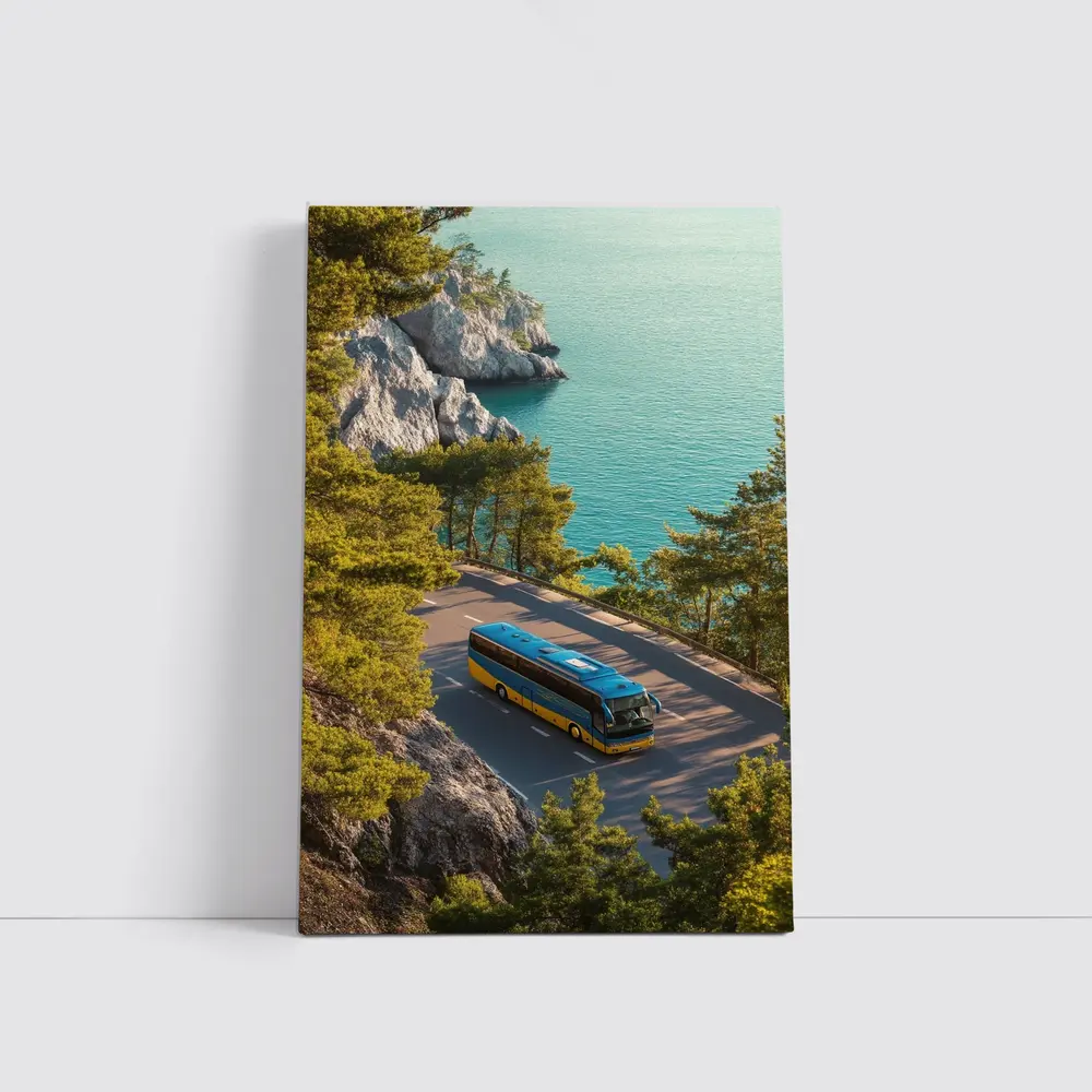 Blue Yellow Bus Coastal Road Turquoise Sea – Wall Art