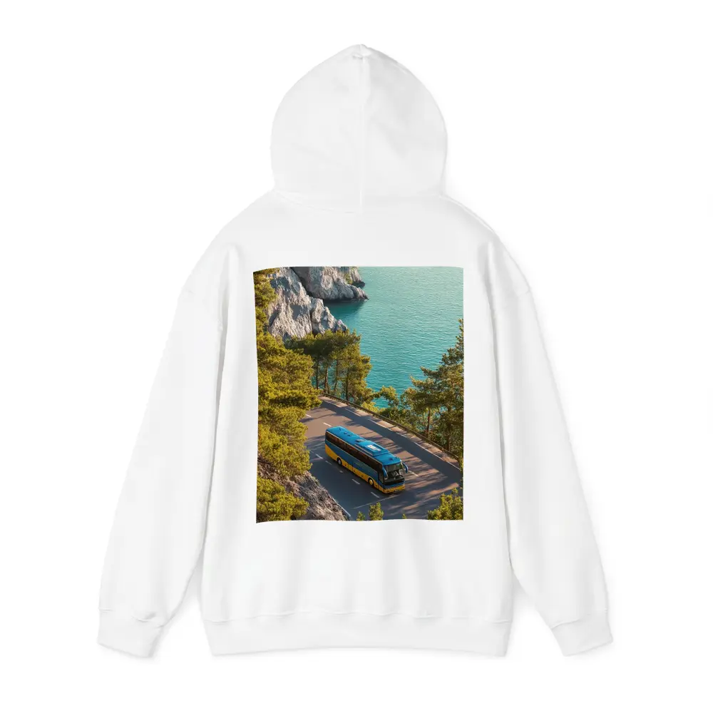 Blue Yellow Bus Coastal Road Turquoise Sea – Hoodies