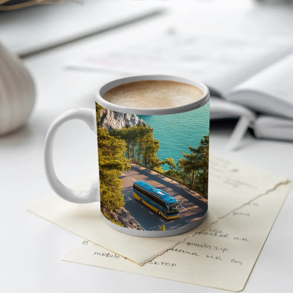 Blue Yellow Bus Coastal Road Turquoise Sea – Mugs