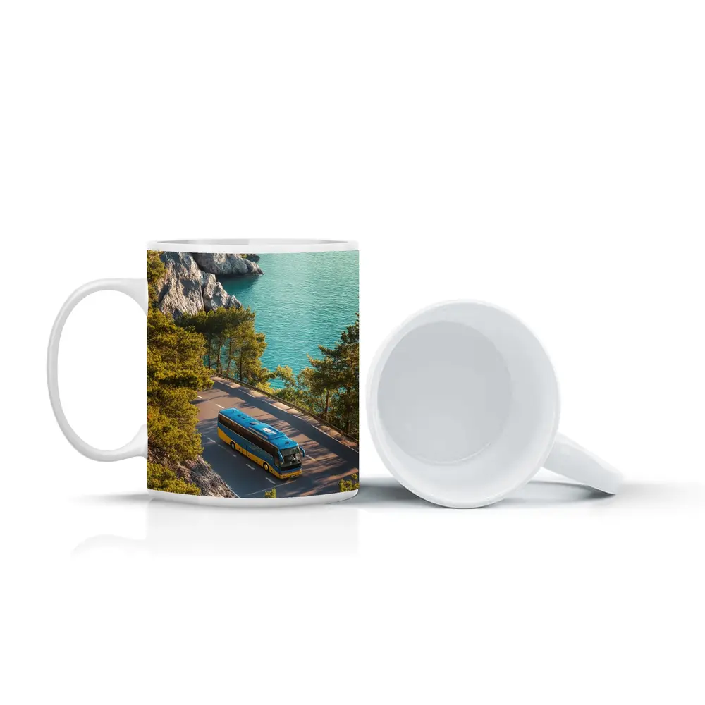 Blue Yellow Bus Coastal Road Turquoise Sea – Mugs