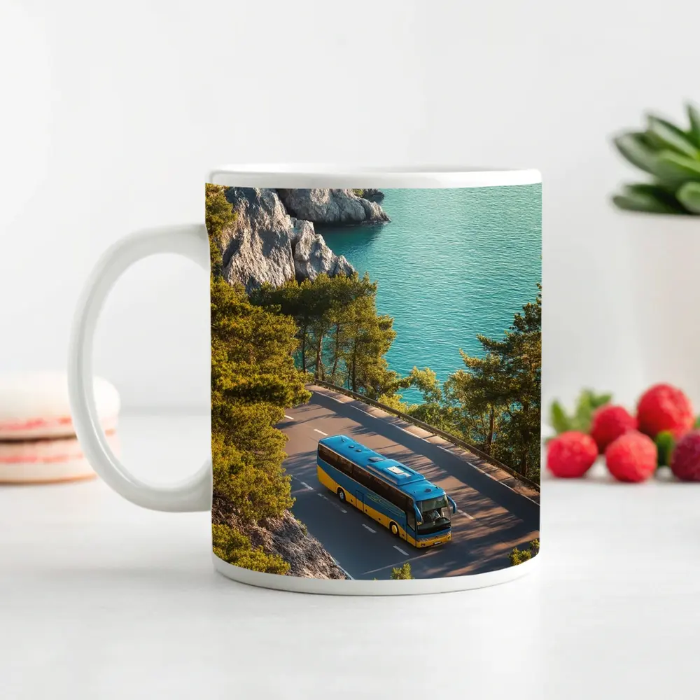 Blue Yellow Bus Coastal Road Turquoise Sea – Mugs