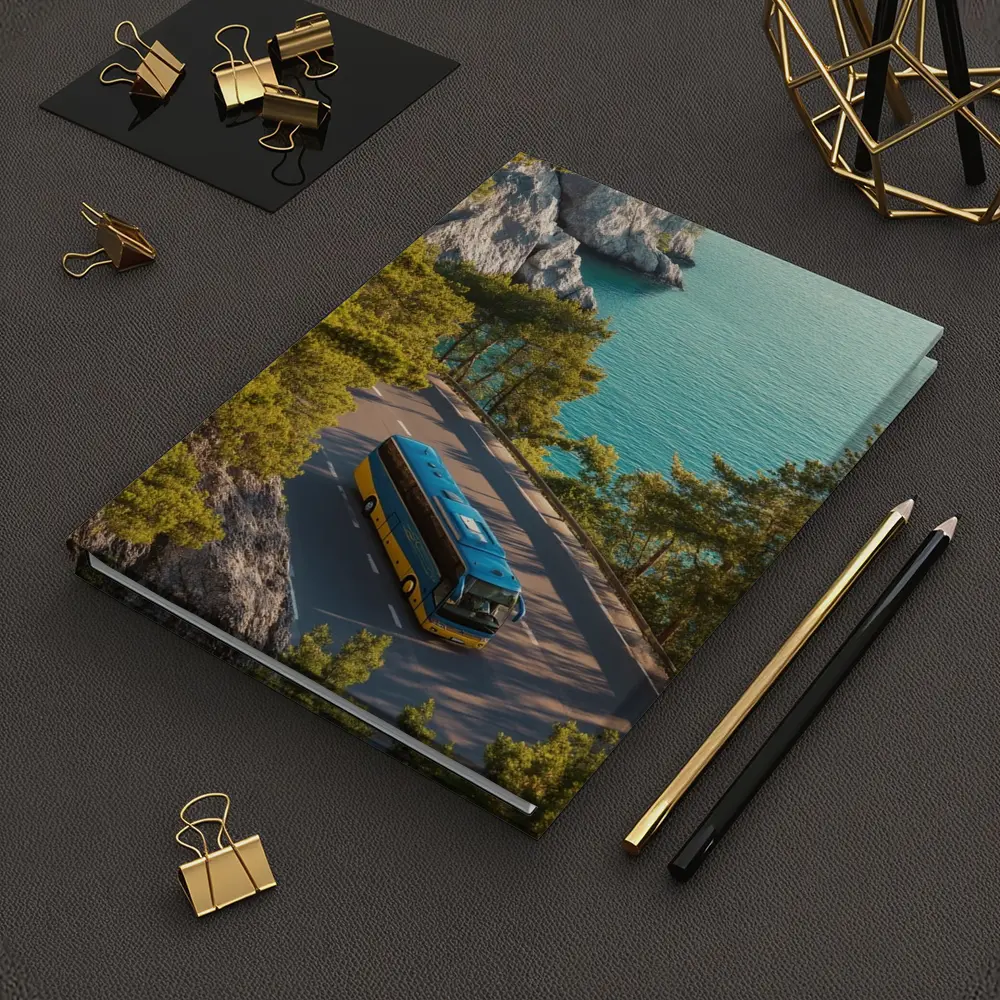 Blue Yellow Bus Coastal Road Turquoise Sea – Notebooks