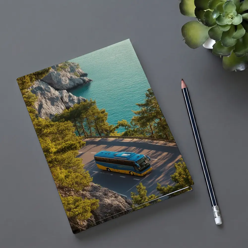 Blue Yellow Bus Coastal Road Turquoise Sea – Notebooks