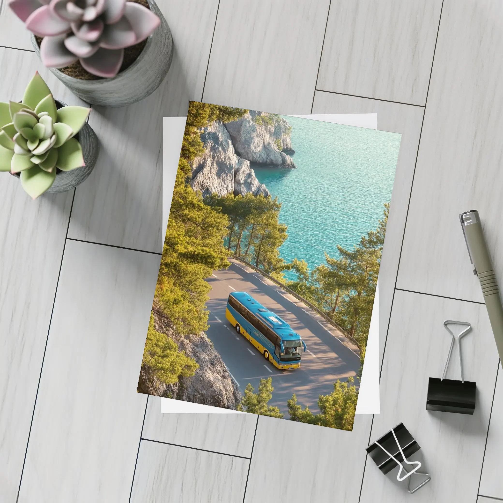 Blue Yellow Bus Coastal Road Turquoise Sea – Postcards