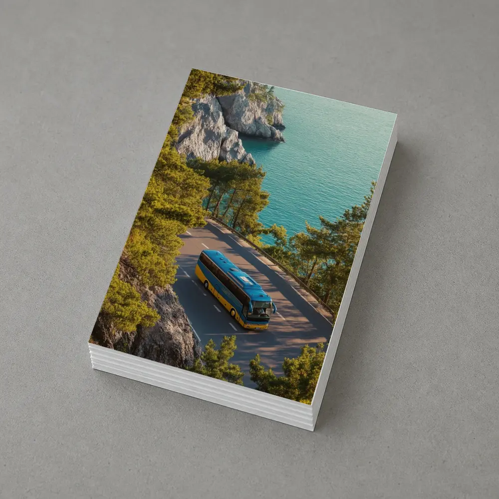 Blue Yellow Bus Coastal Road Turquoise Sea – Postcards