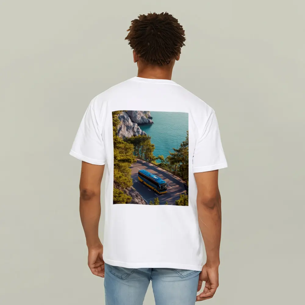 Blue Yellow Bus Coastal Road Turquoise Sea – T-Shirts