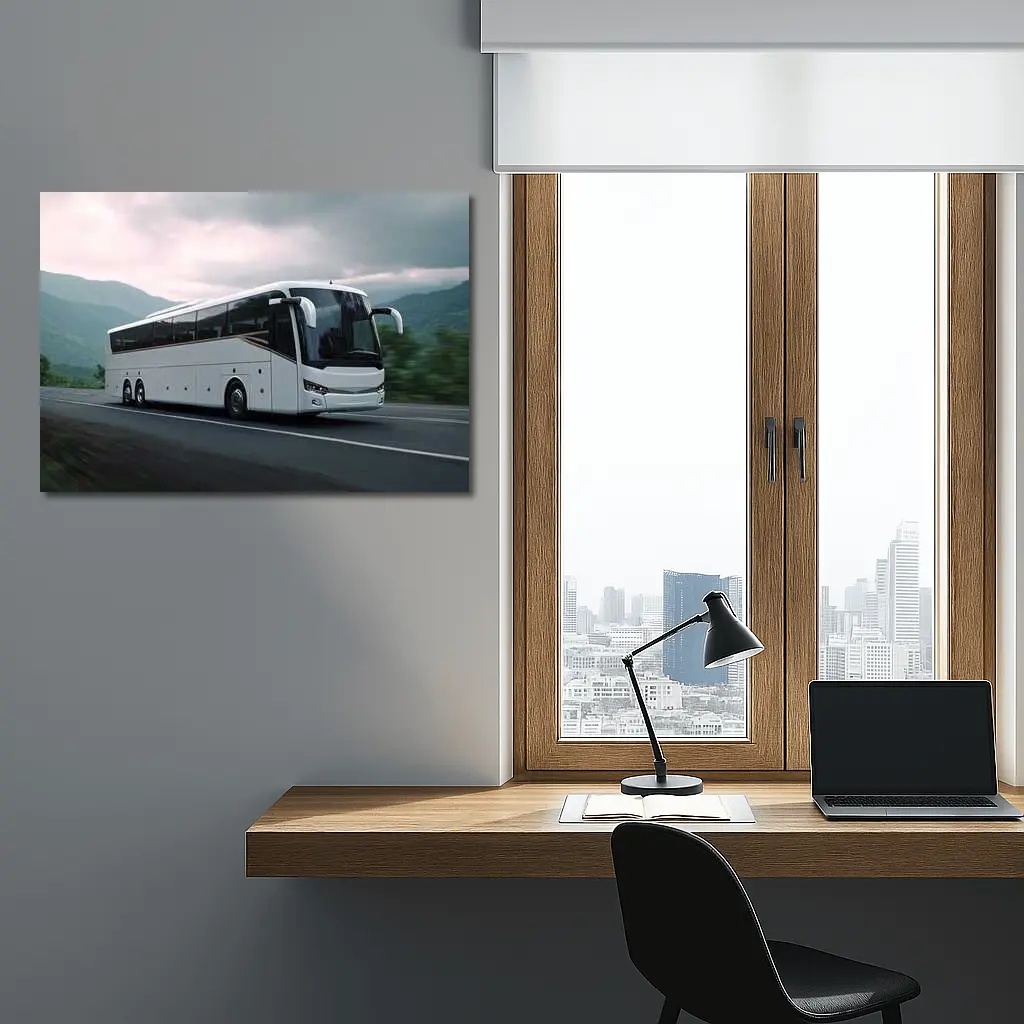 White Coach Bus Driving Through Mountain Road – Wall Art