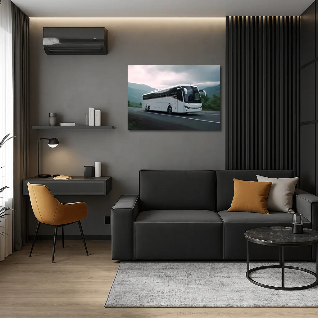 White Coach Bus Driving Through Mountain Road – Wall Art