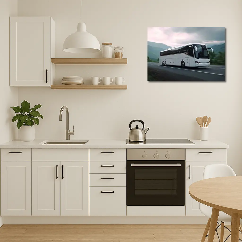 White Coach Bus Driving Through Mountain Road – Wall Art