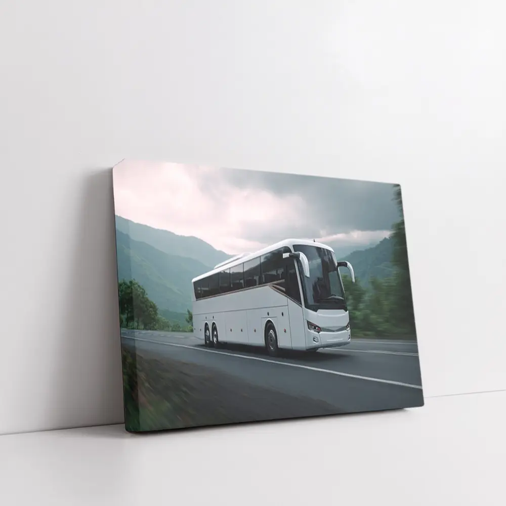 White Coach Bus Driving Through Mountain Road – Wall Art