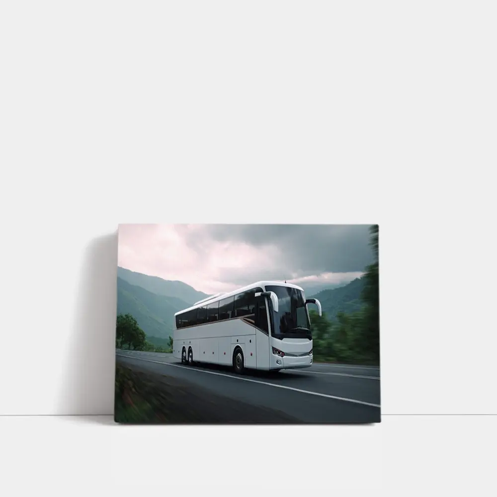 White Coach Bus Driving Through Mountain Road – Wall Art