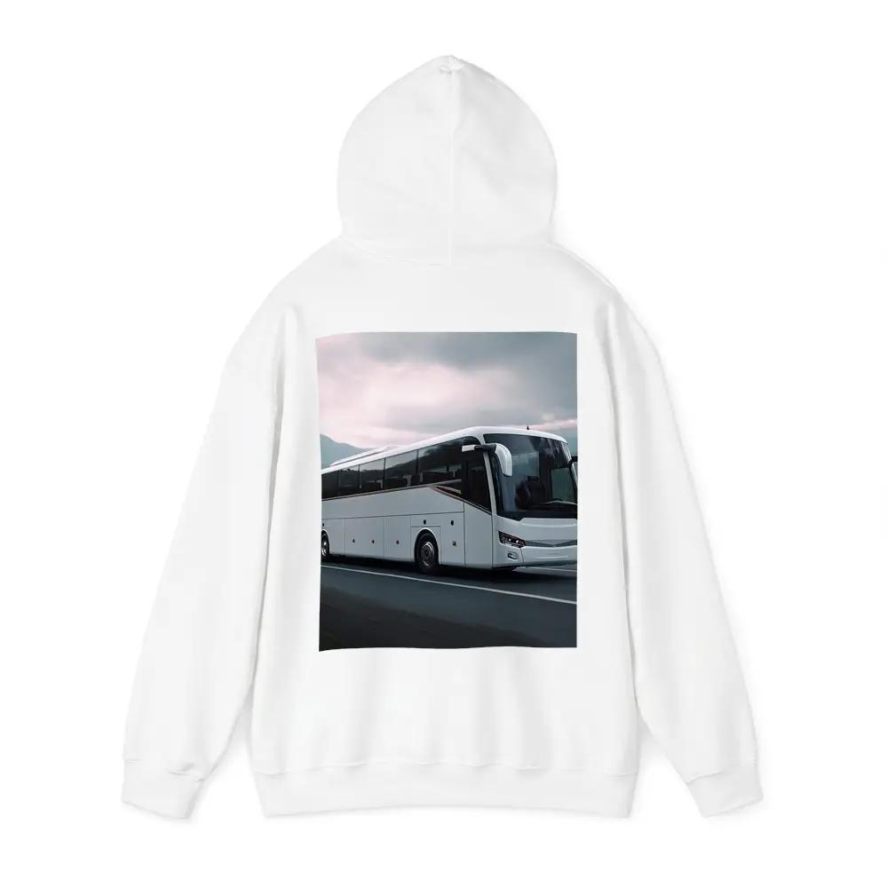 White Coach Bus Driving Through Mountain Road – Hoodies