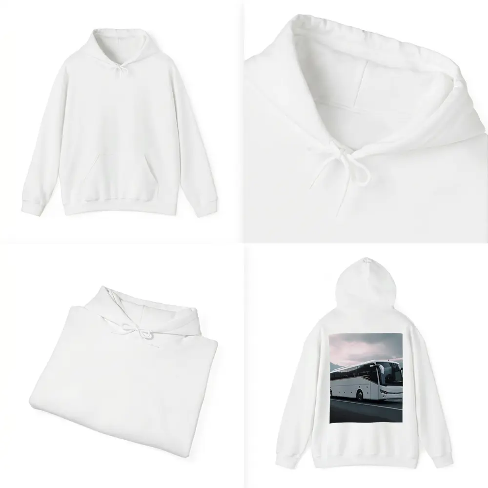 White Coach Bus Driving Through Mountain Road – Hoodies