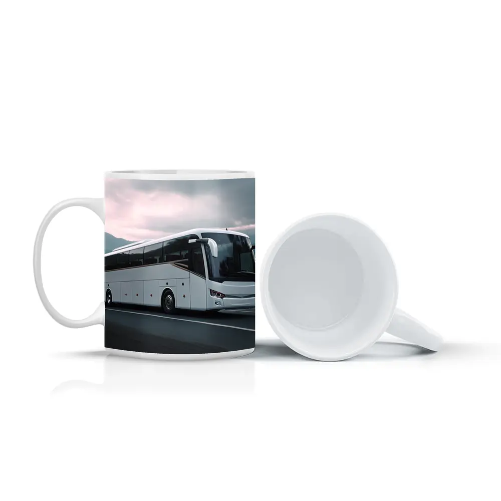 White Coach Bus Driving Through Mountain Road – Mugs